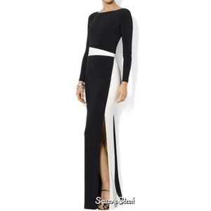 NWT Ralph Lauren Black White High Slit Formal Gown